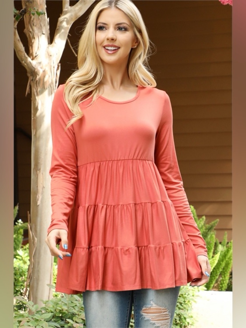 Boutique Babydoll Tunic Top Coral Long Sleeve